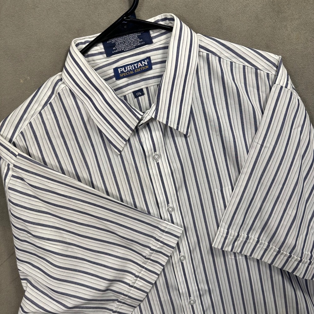 Puritan‎ Button Down Shirt Mens 17.5 Blue White Striped Short Sleeve Excellent